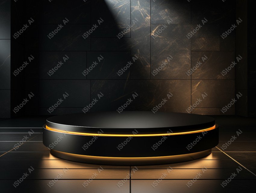 Neon Light round podium and black background for mock up, Black