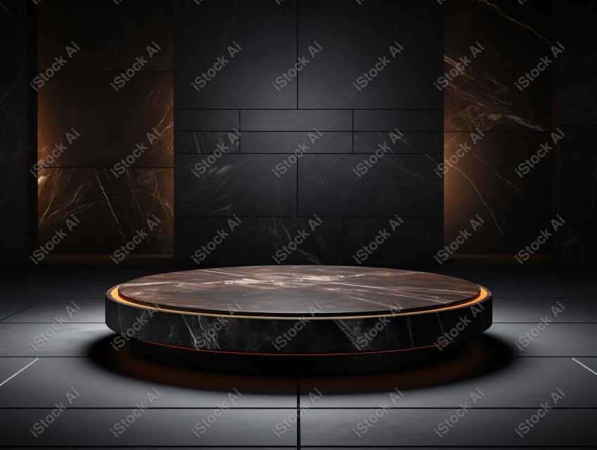 Neon Light round podium and black background for mock up, Black