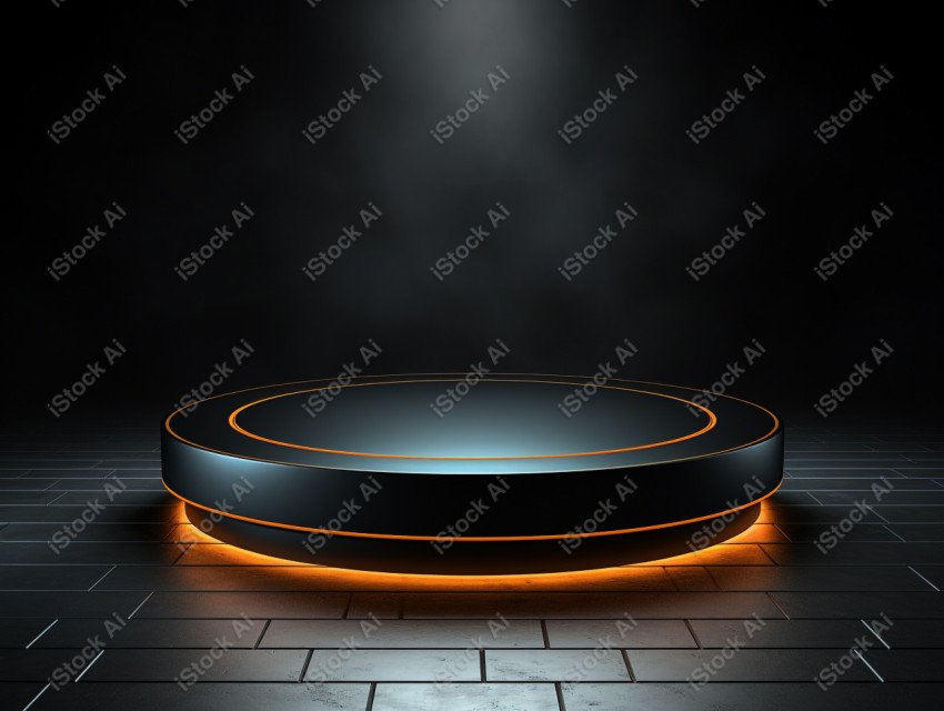 Neon Light round podium and black background for mock up, Black