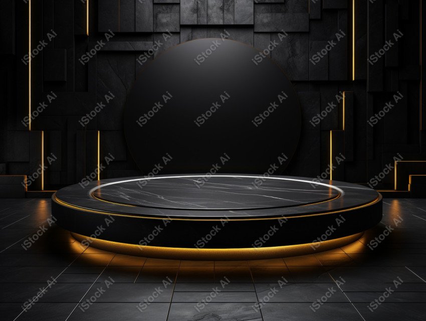 Neon Light round podium and black background for mock up, Black