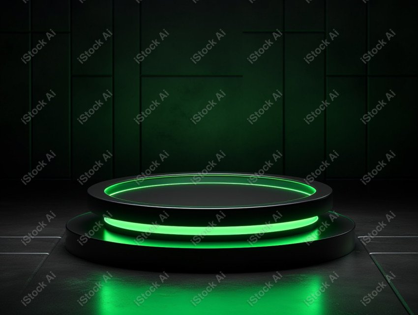 Neon Green light round podium and black background for mock up,