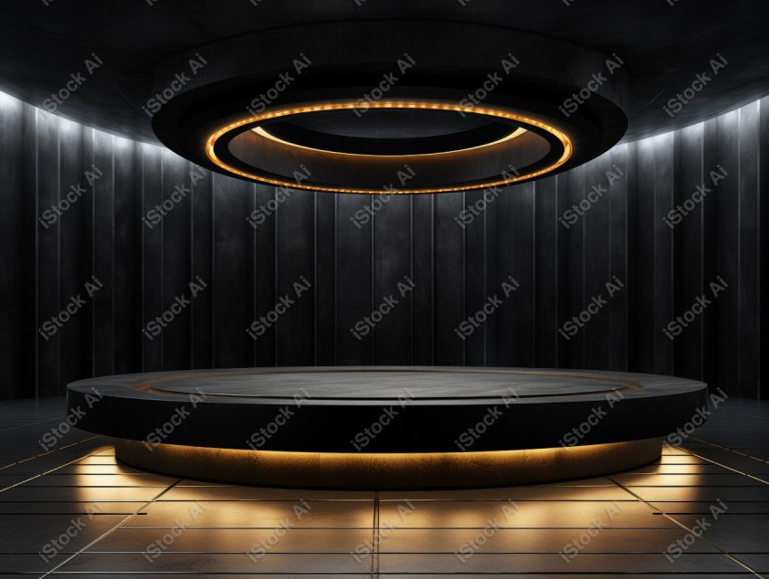 Neon Light round podium and black background for mock up, Black