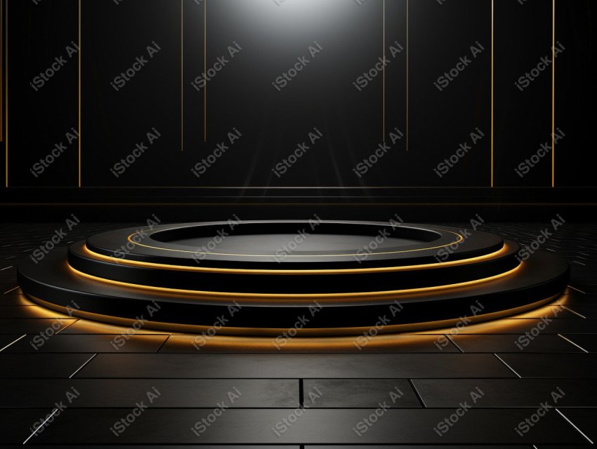 Neon Light round podium and black background for mock up, Black