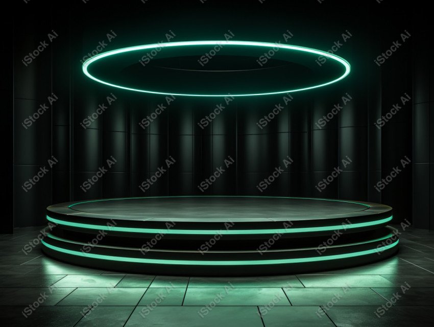 Neon Green light round podium and black background for mock up,