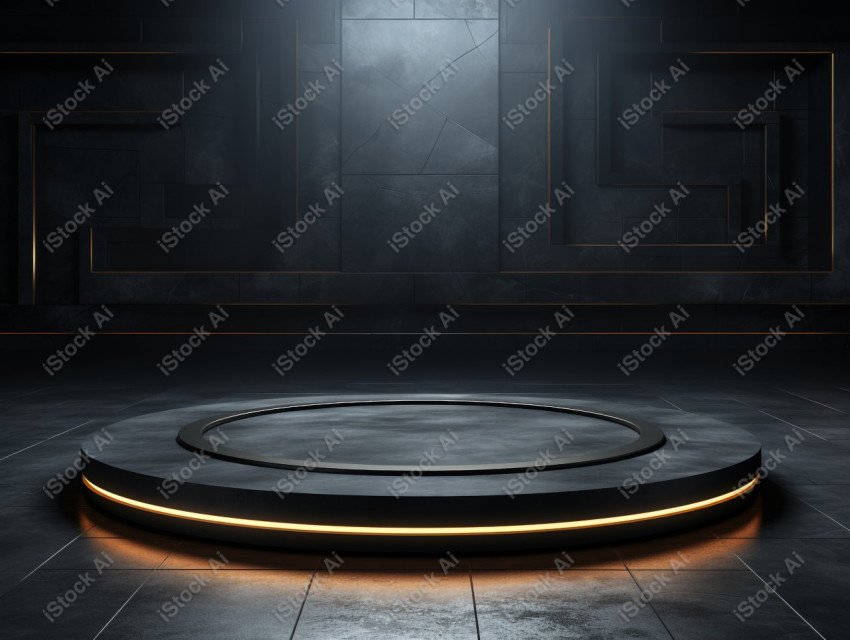 Neon Light round podium and black background for mock up, Black