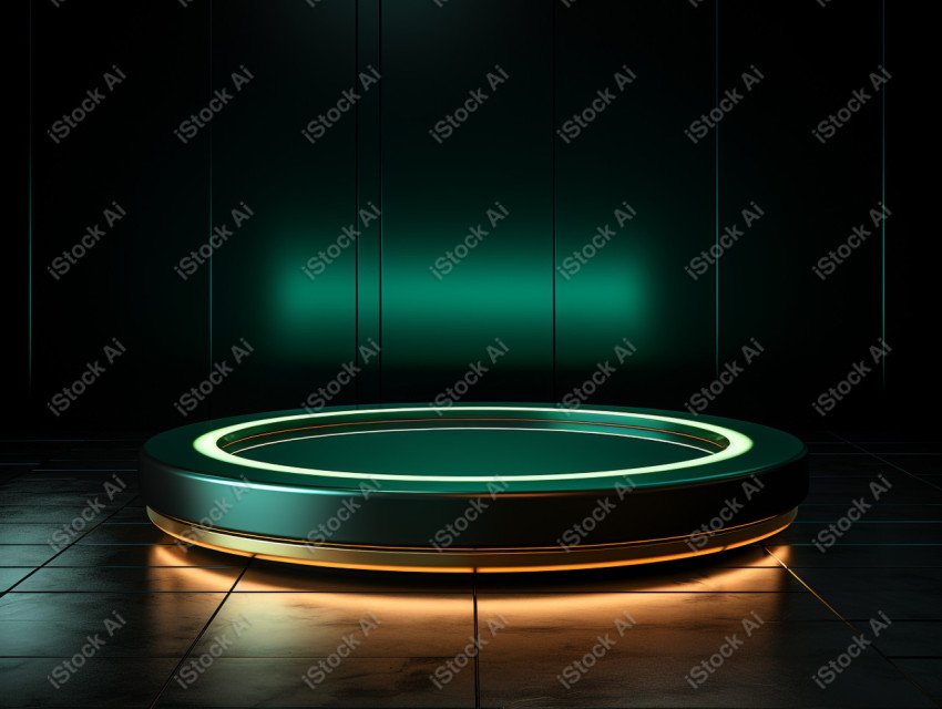 Neon Green light round podium and black background for mock up,