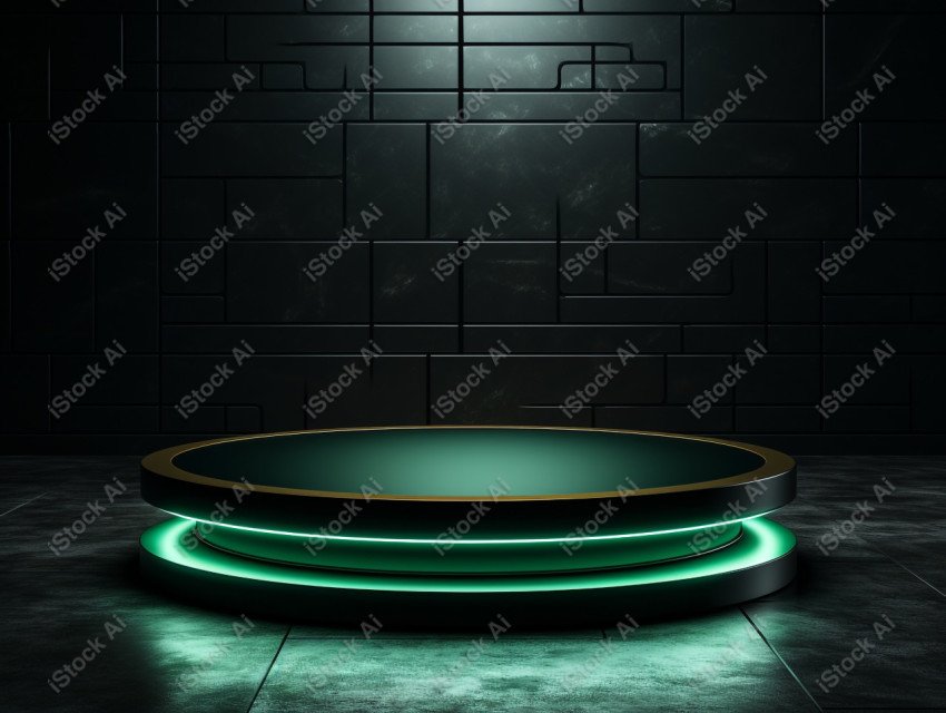 Neon Green light round podium and black background for mock up,