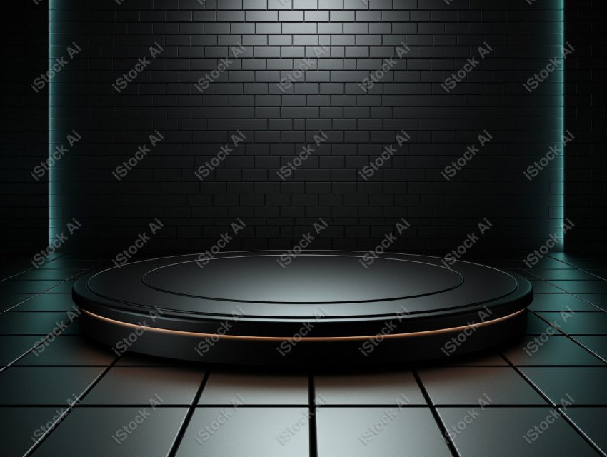 Neon Light round podium and black background for mock up, Black