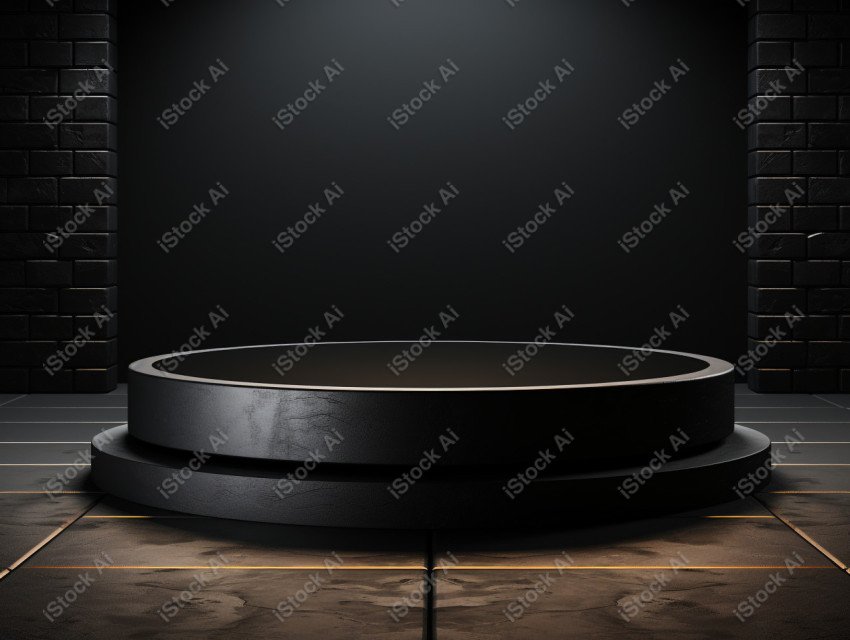 Neon Light round podium and black background for mock up, Black