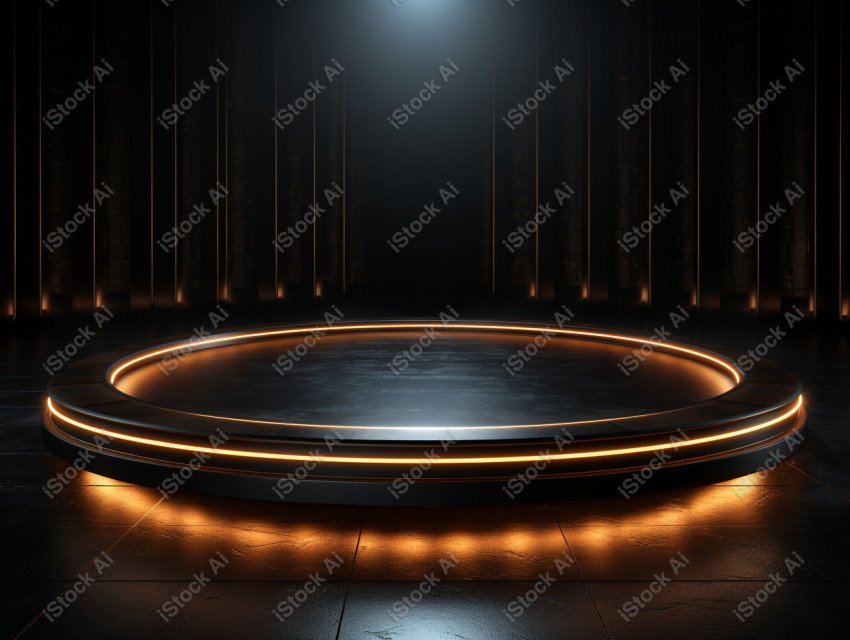 Neon Light round podium and black background for mock up, Black