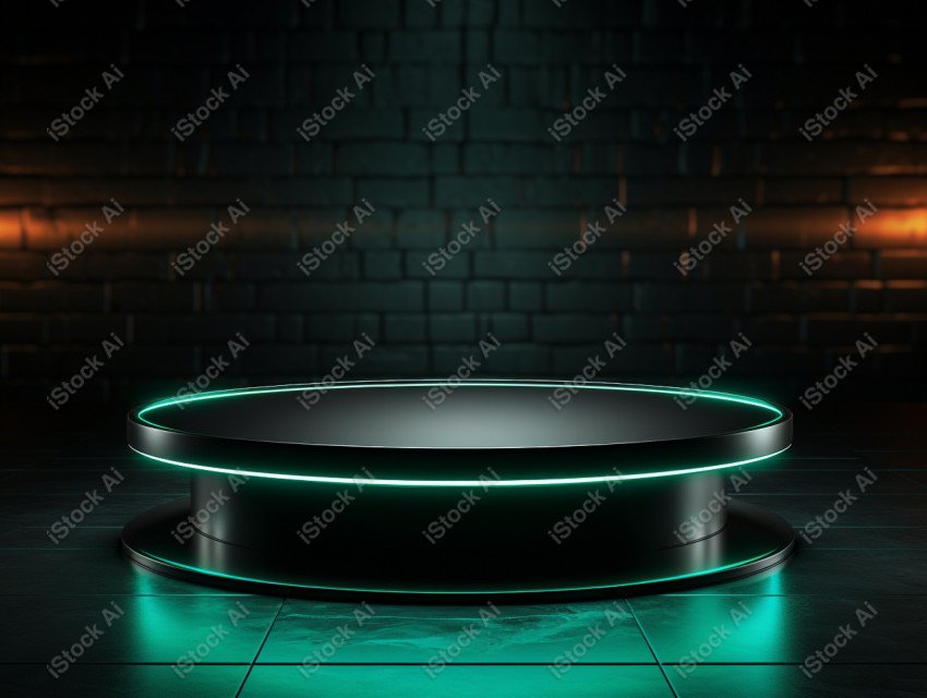 Neon Green light round podium and black background for mock up,