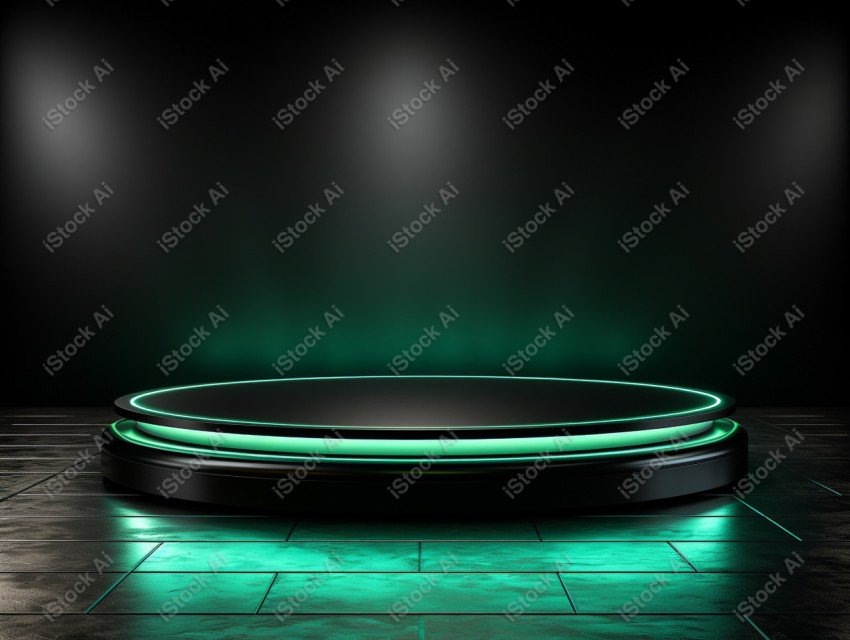 Neon Green light round podium and black background for mock up,