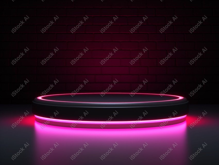 Neon Light round podium and black background for mock up, Black