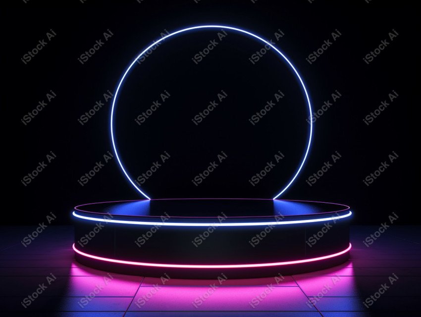 Neon Light round podium and black background for mock up, Black