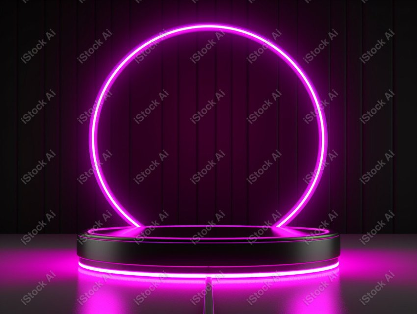 Neon Light round podium and black background for mock up, Black