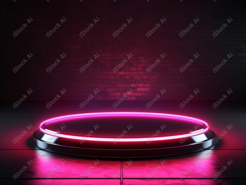 Neon Light round podium and black background for mock up, Black