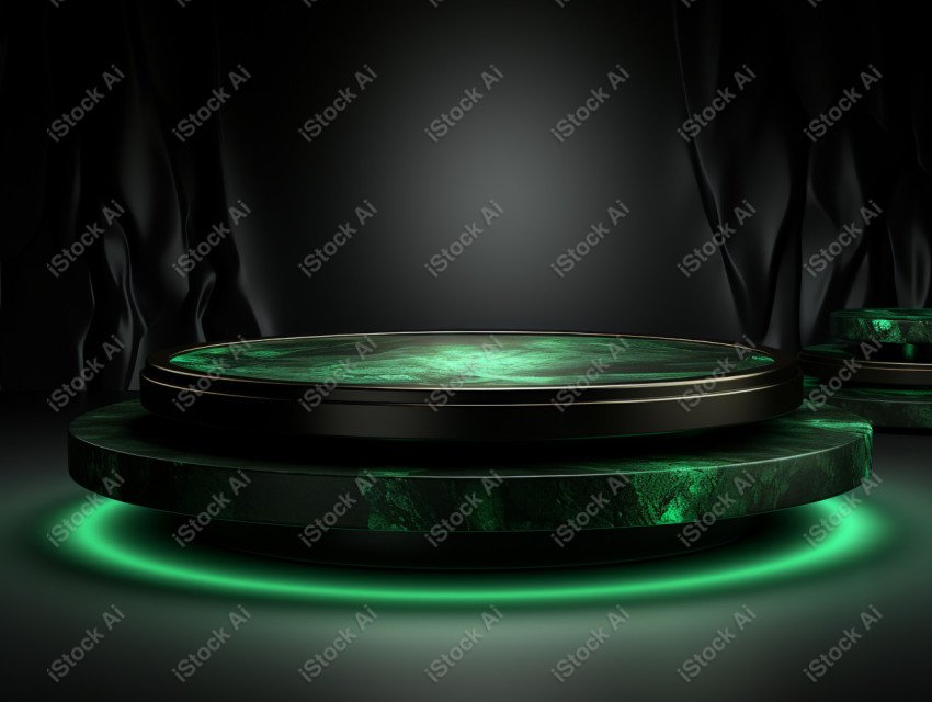 Neon Green light round podium and black background for mock up,