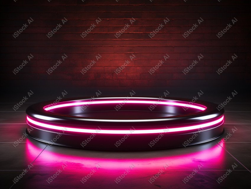 Neon Light round podium and black background for mock up, Black