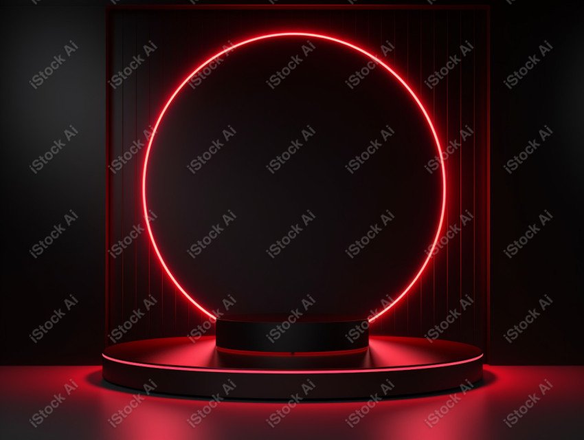 Neon Red light round podium and black background for mock up, Bl