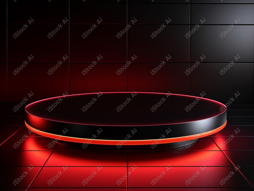 Neon Red light round podium and black background for mock up, Bl