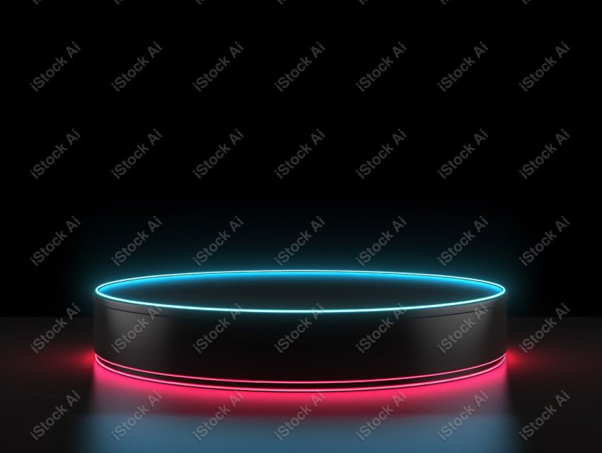 Neon Light round podium and black background for mock up, Black