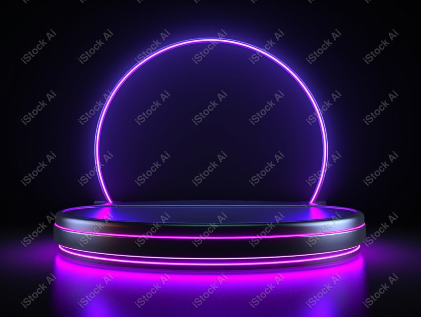 Neon Light round podium and black background for mock up, Black