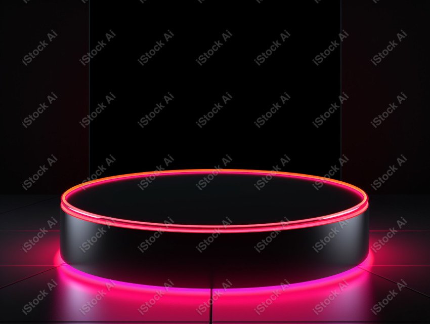 Neon Light round podium and black background for mock up, Black