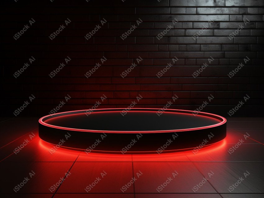 Neon Red light round podium and black background for mock up, Bl