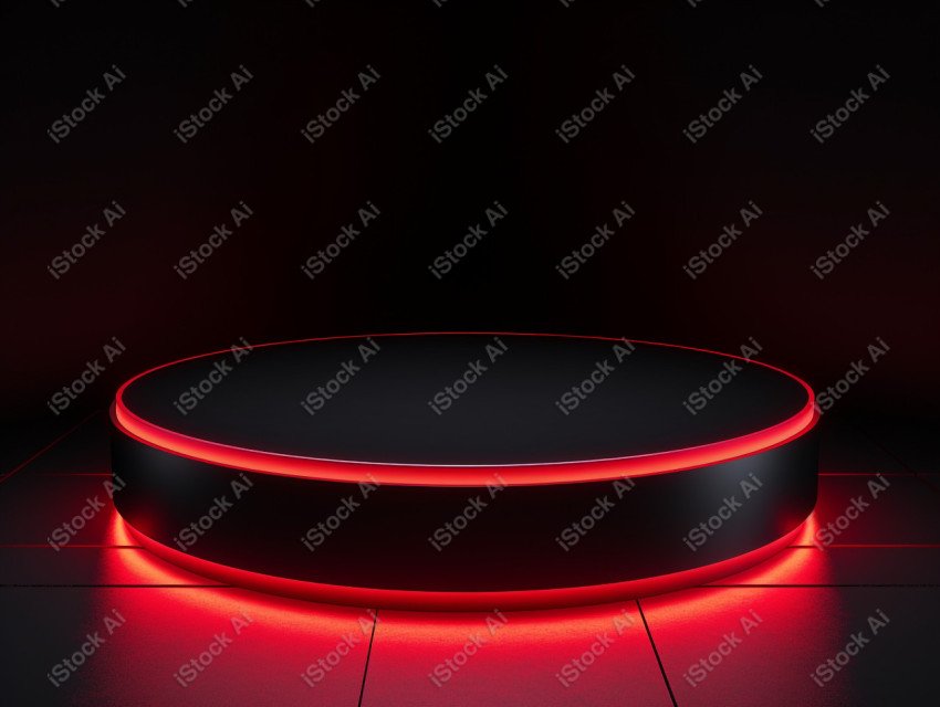 Neon Red light round podium and black background for mock up, Bl