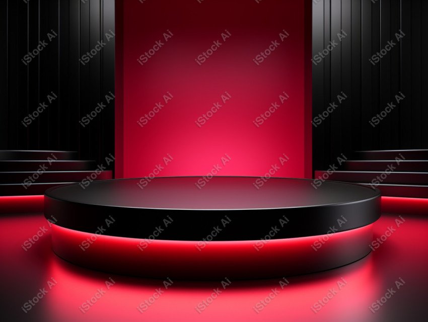 Neon Red light round podium and black background for mock up, Bl