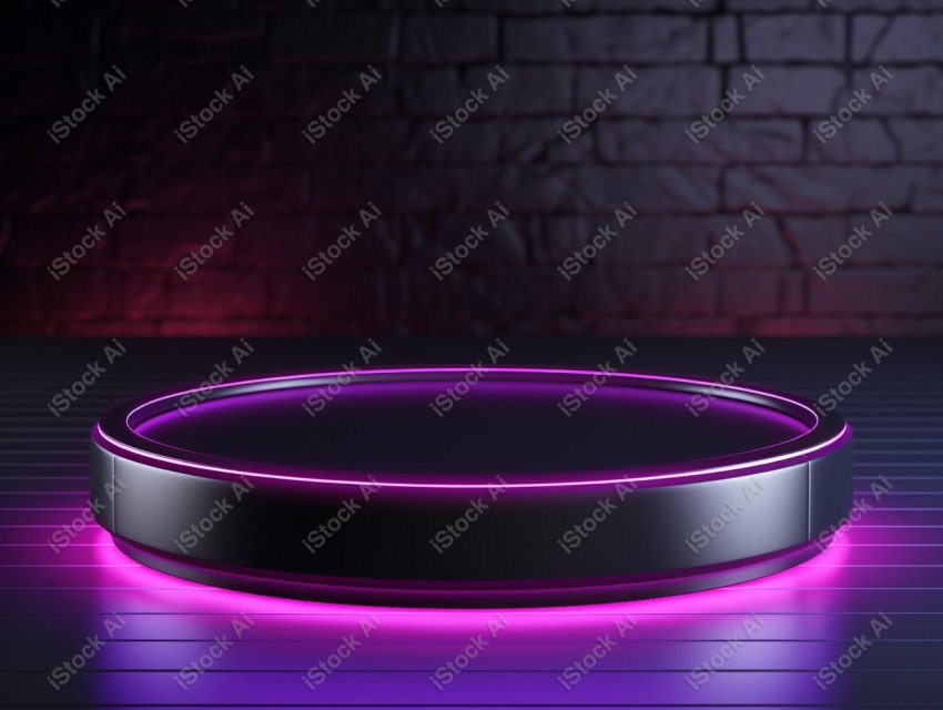 Neon Violet light round podium and black background for mock up,