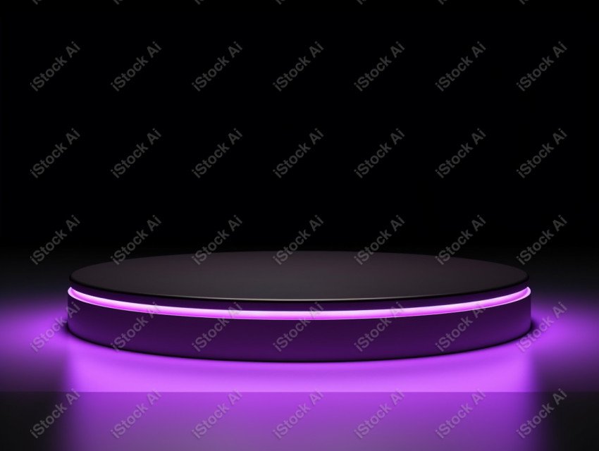 Neon Violet light round podium and black background for mock up,