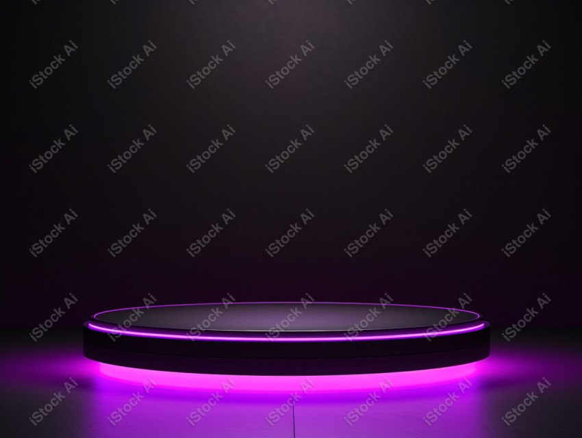 Neon Violet light round podium and black background for mock up,