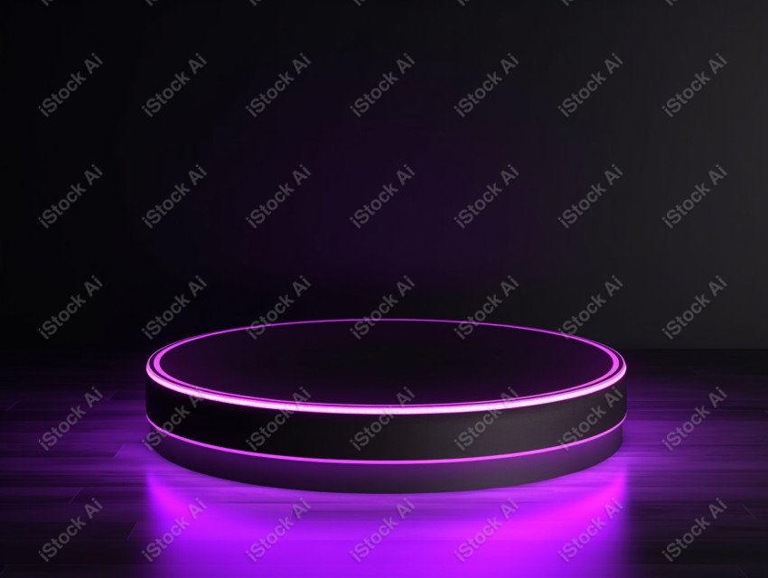 Neon Violet light round podium and black background for mock up,