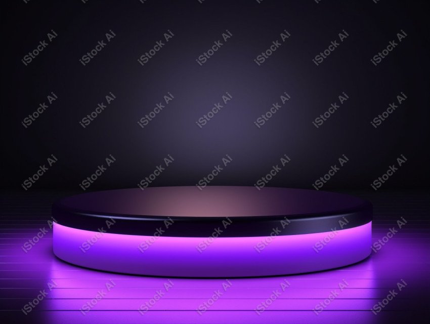 Neon Violet light round podium and black background for mock up,