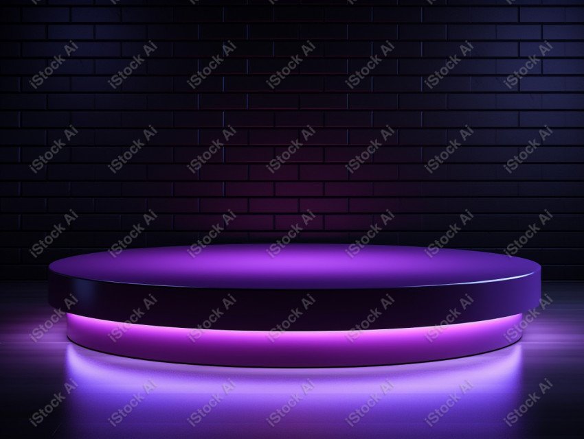 Neon Violet light round podium and black background for mock up,