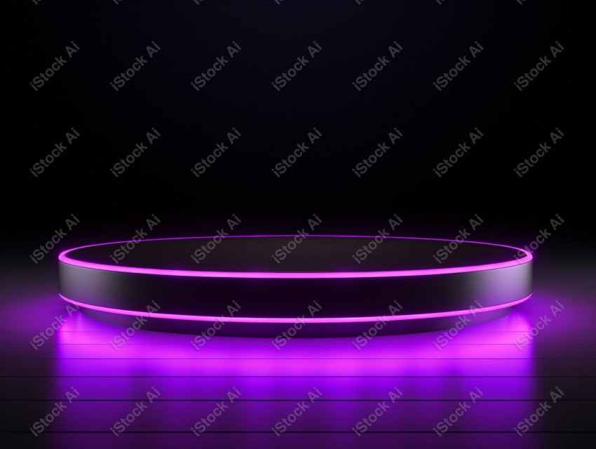 Neon Violet light round podium and black background for mock up,