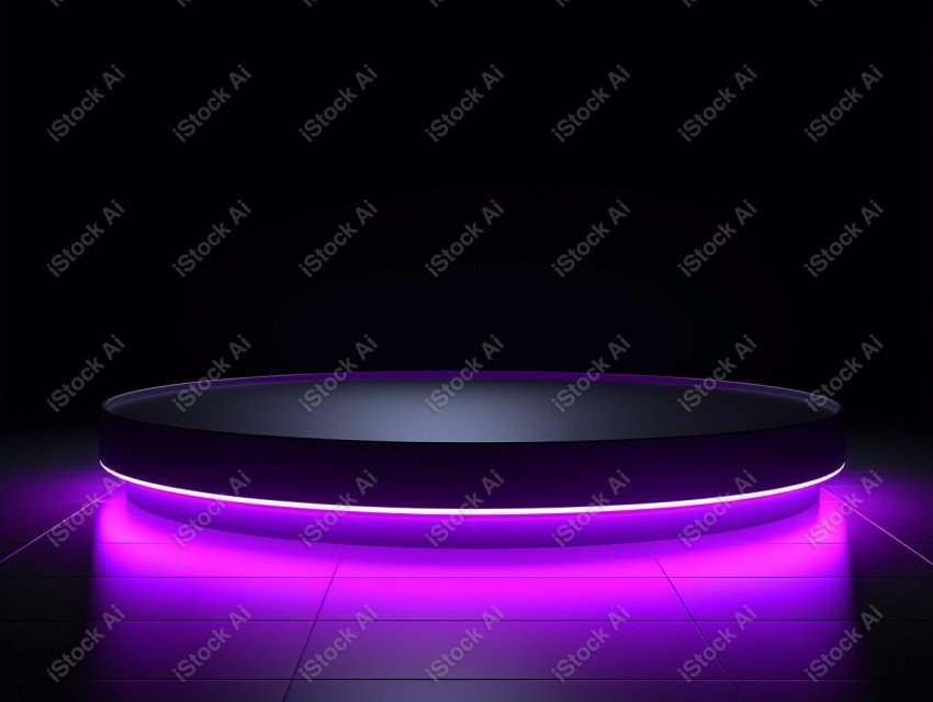 Neon Violet light round podium and black background for mock up,