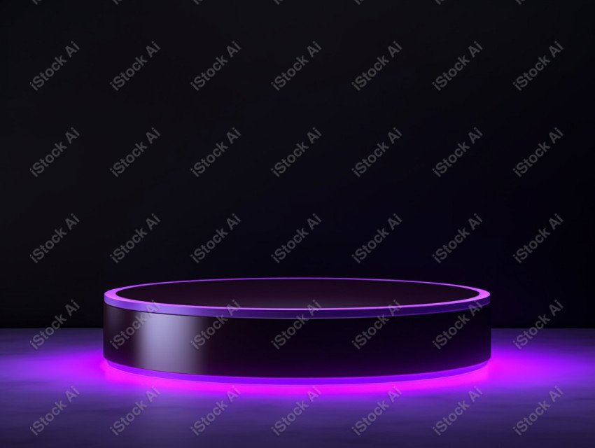 Neon Violet light round podium and black background for mock up,