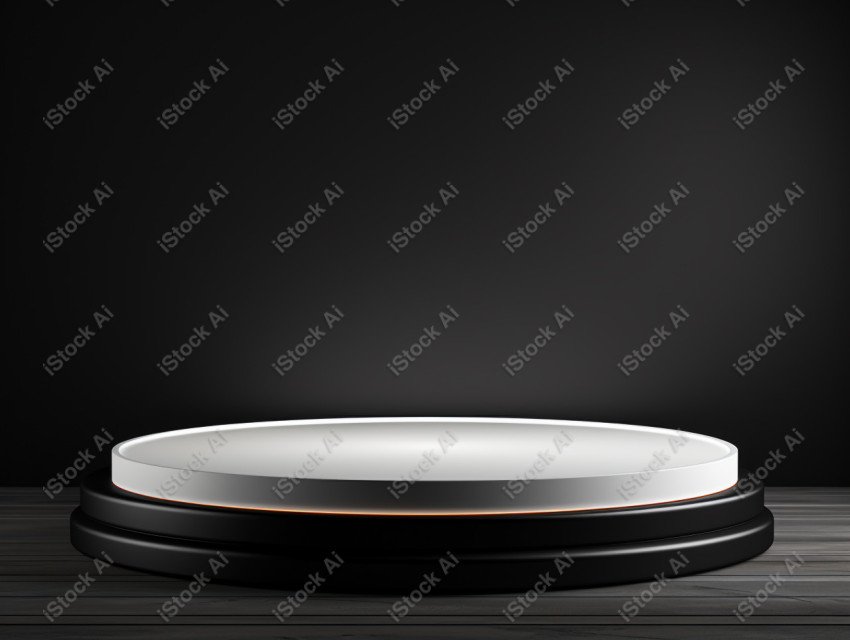 Neon white light round podium and black background for mock up,