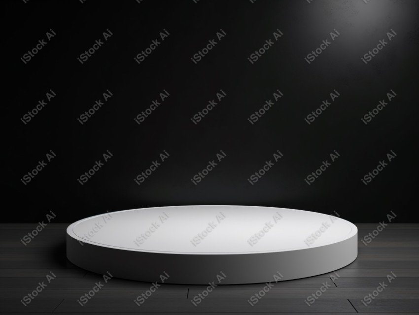 Neon white light round podium and black background for mock up,