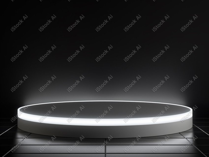 Neon white light round podium and black background for mock up,