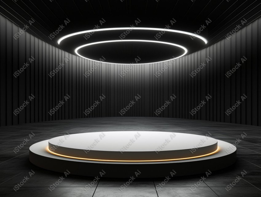 Neon white light round podium and black background for mock up,