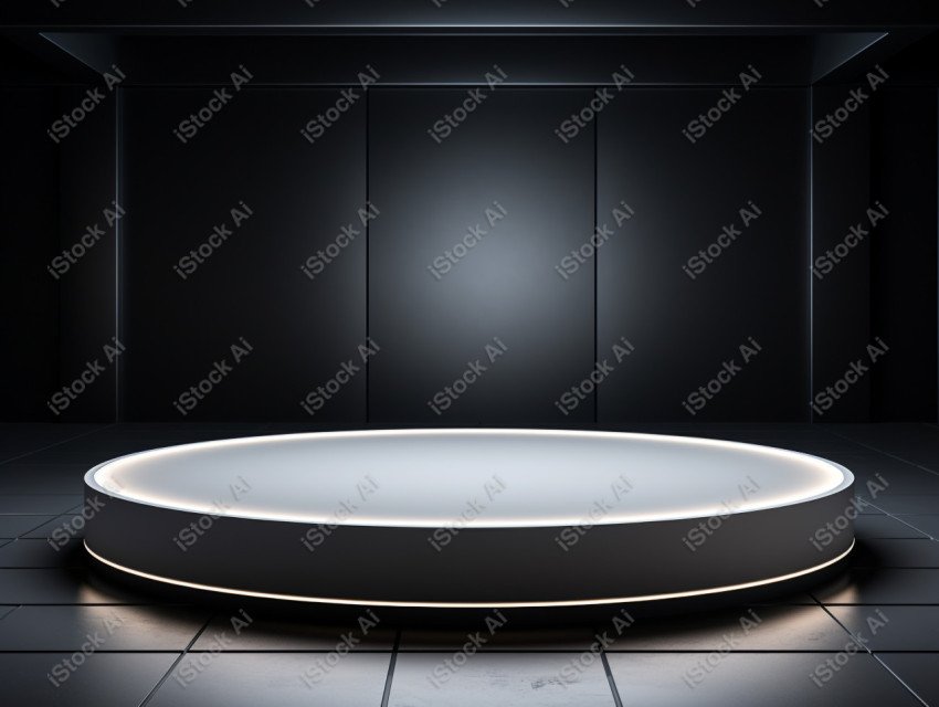 Neon white light round podium and black background for mock up,