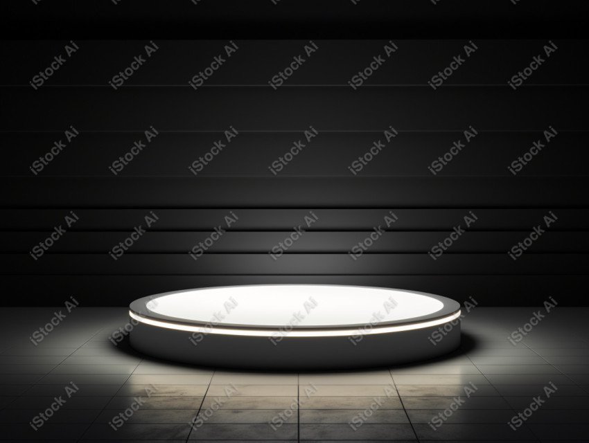 Neon white light round podium and black background for mock up,