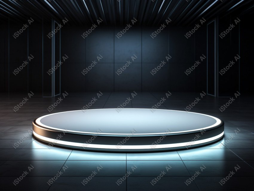 Neon white light round podium and black background for mock up,