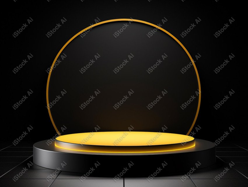 Neon yellow light round podium and black background for mock up,