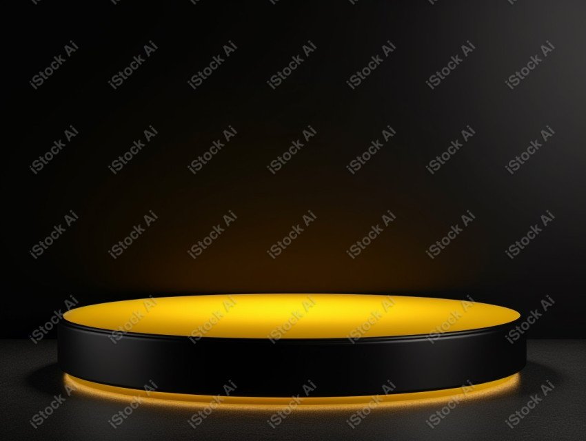 Neon yellow light round podium and black background for mock up,