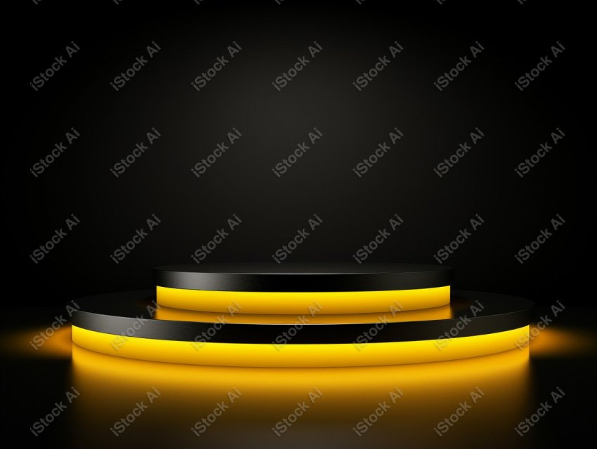 Neon yellow light round podium and black background for mock up,