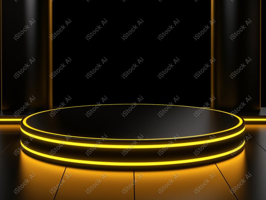 Neon yellow light round podium and black background for mock up,